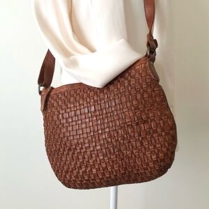 Anthropologie Vilenca Holland Leather Woven Front Brown Cognac Handbag Crossbody